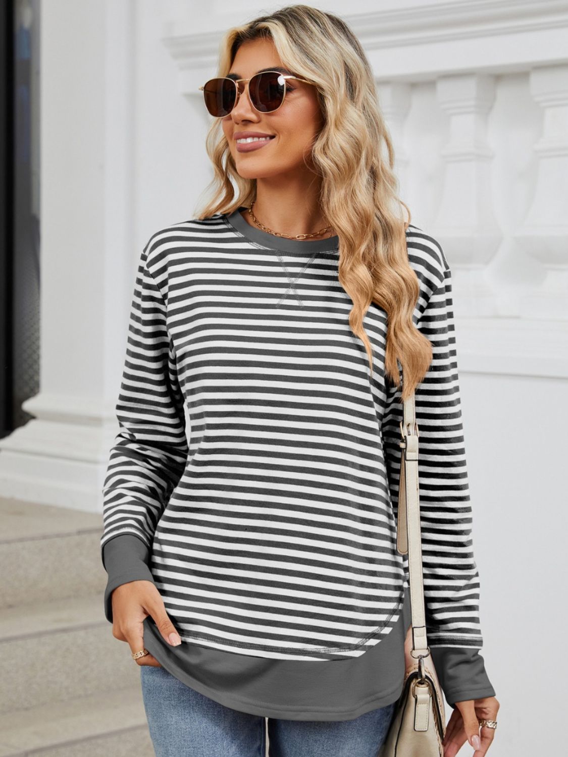 Striped Round Neck Long Sleeve Sweatshirt