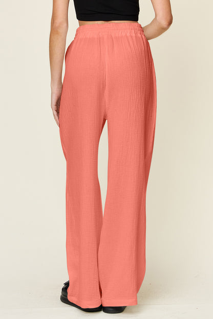 Double Take Full Size Texture Drawstring Wide Leg Pants