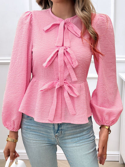 Devine Tied Round Neck Long Sleeve Blouse