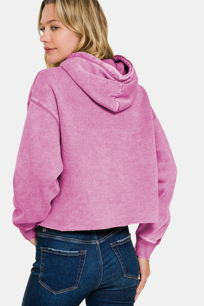 Zenana Acid Wash Fleece Cropped Hoodie