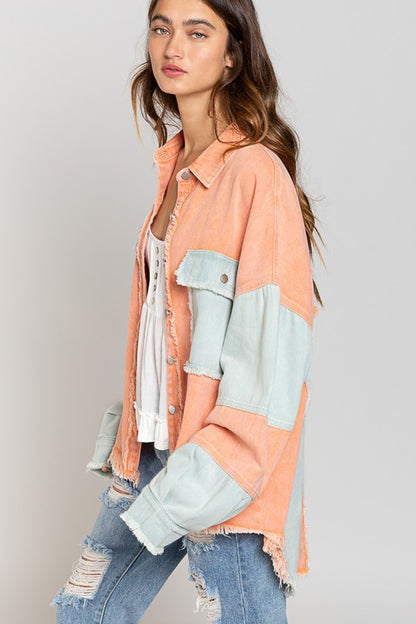 Trendy Shacket Featuring An Oversized Fit And Frayed Edge Hem