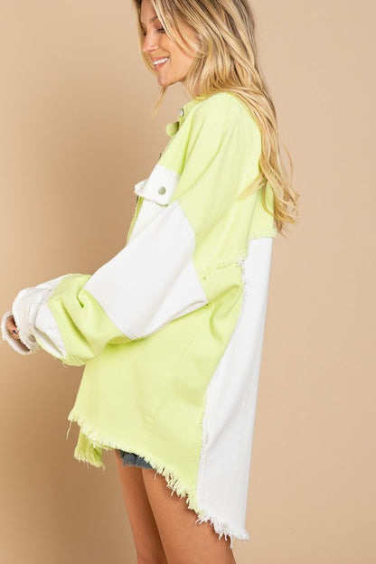 Trendy Shacket Featuring An Oversized Fit And Frayed Edge Hem