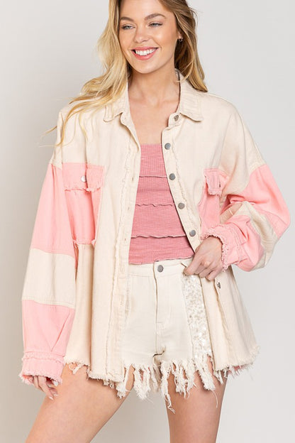 Trendy Shacket Featuring An Oversized Fit And Frayed Edge Hem