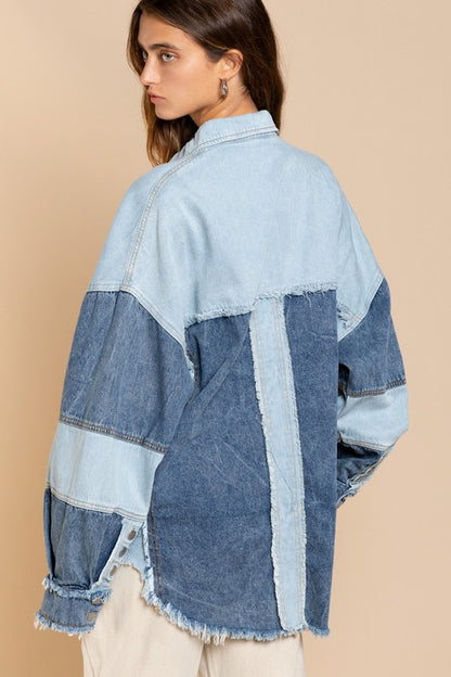 Trendy Shacket Featuring An Oversized Fit And Frayed Edge Hem