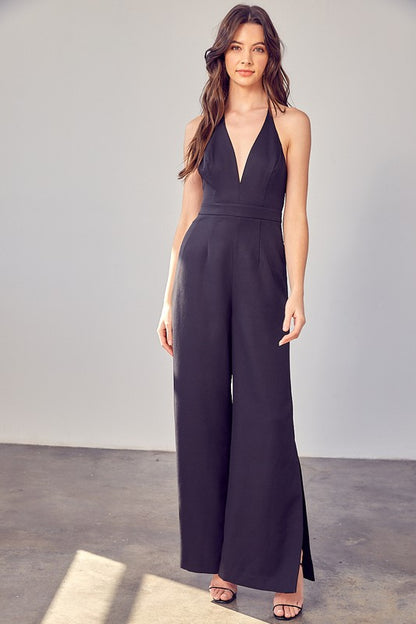 Deep V-neck Wide Leg Jumpsuit