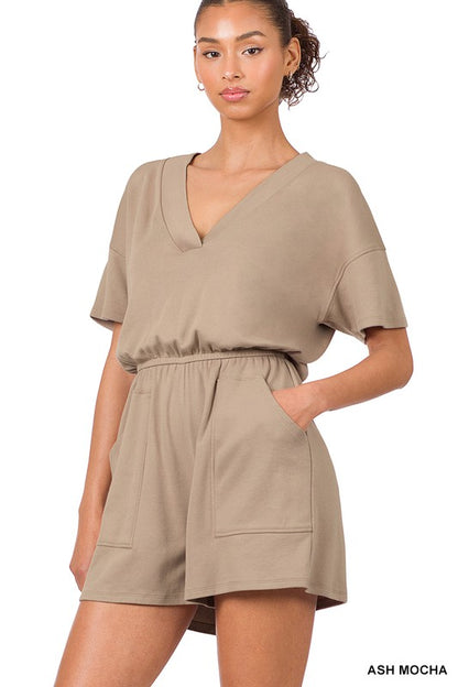 Drop Shoulder V-neck Romper With Pockets