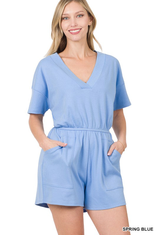 Drop Shoulder V-neck Romper With Pockets