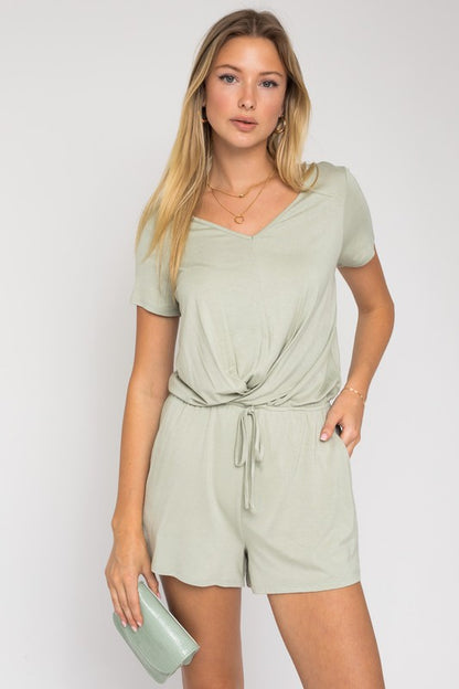 S/S V-neck Front Overlap Romper