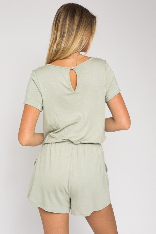 S/S V-neck Front Overlap Romper