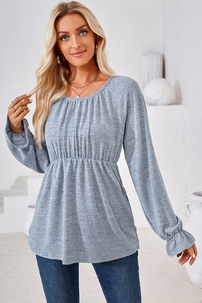 Ruched Round Neck Flounce Sleeve Blouse