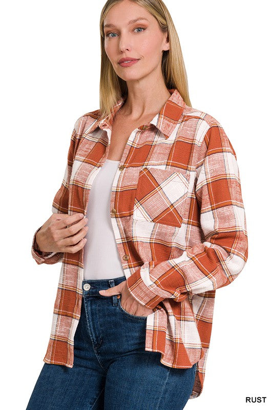 Cotton Plaid Shacket With Front Pocket