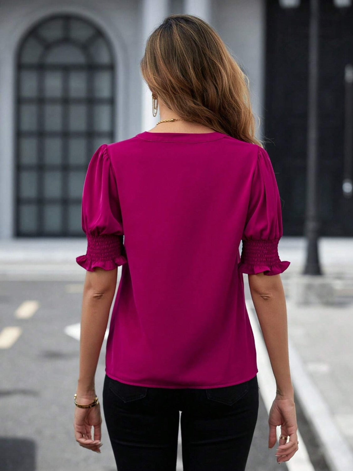 Notched Short Sleeve Blouse