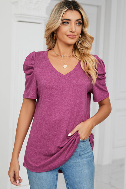 Heathered V-Neck Puff Sleeve T-Shirt