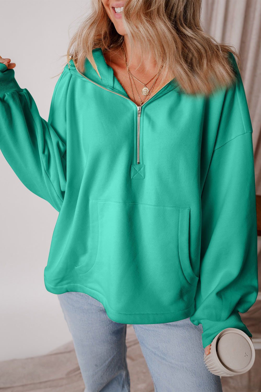 Pocketed Half Zip Dropped Shoulder Hoodie