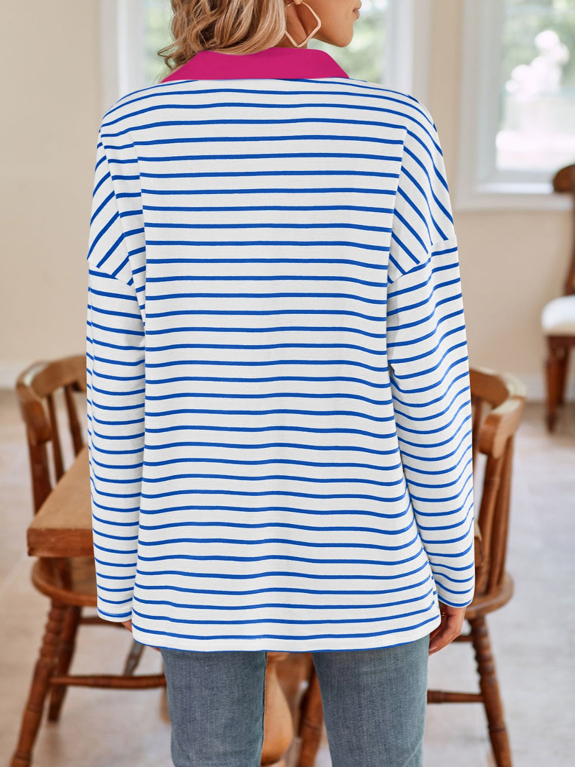 Lovelet Striped Johnny Collar Long Sleeve T-Shirt