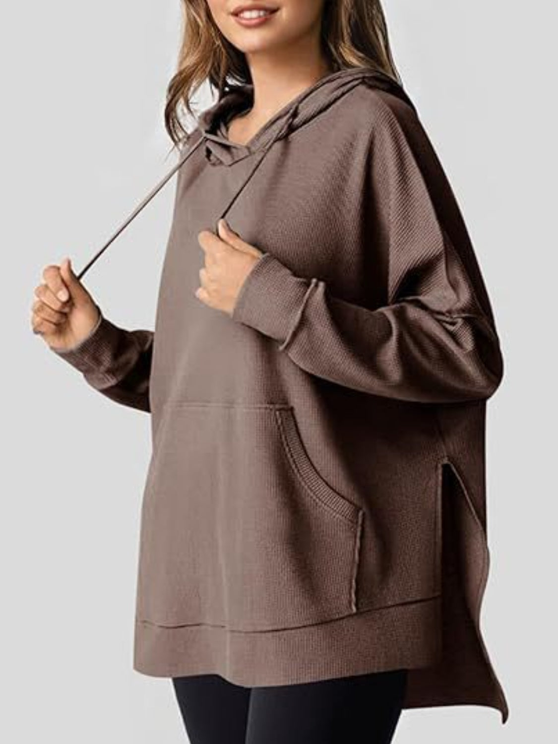 Drawstring Slit Long Sleeve Hoodie