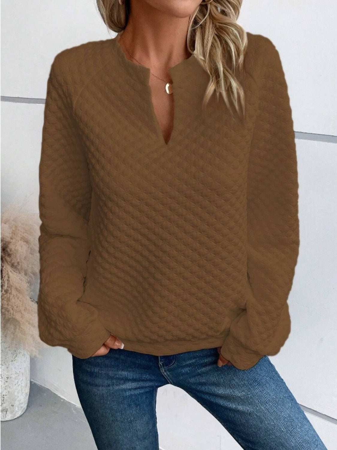 Notched Long Sleeve Sweatshirt