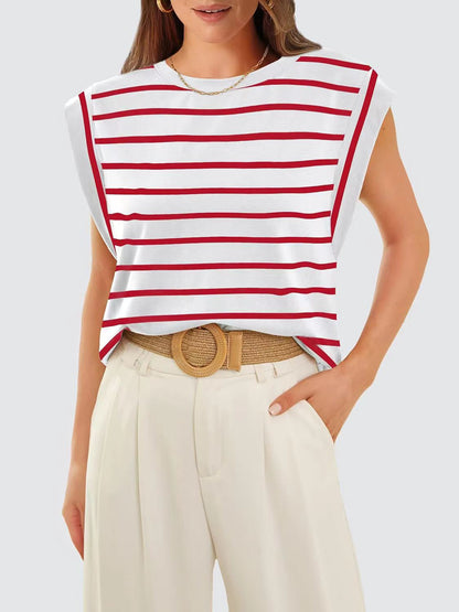 Striped Round Neck Cap Sleeve T-Shirt