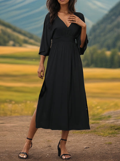 Slit V-Neck Long Sleeve Midi Dress