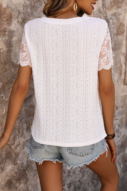 Perfee Eyelet Round Neck Short Sleeve T-Shirt