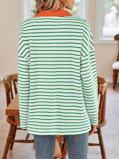 Lovelet Striped Johnny Collar Long Sleeve T-Shirt