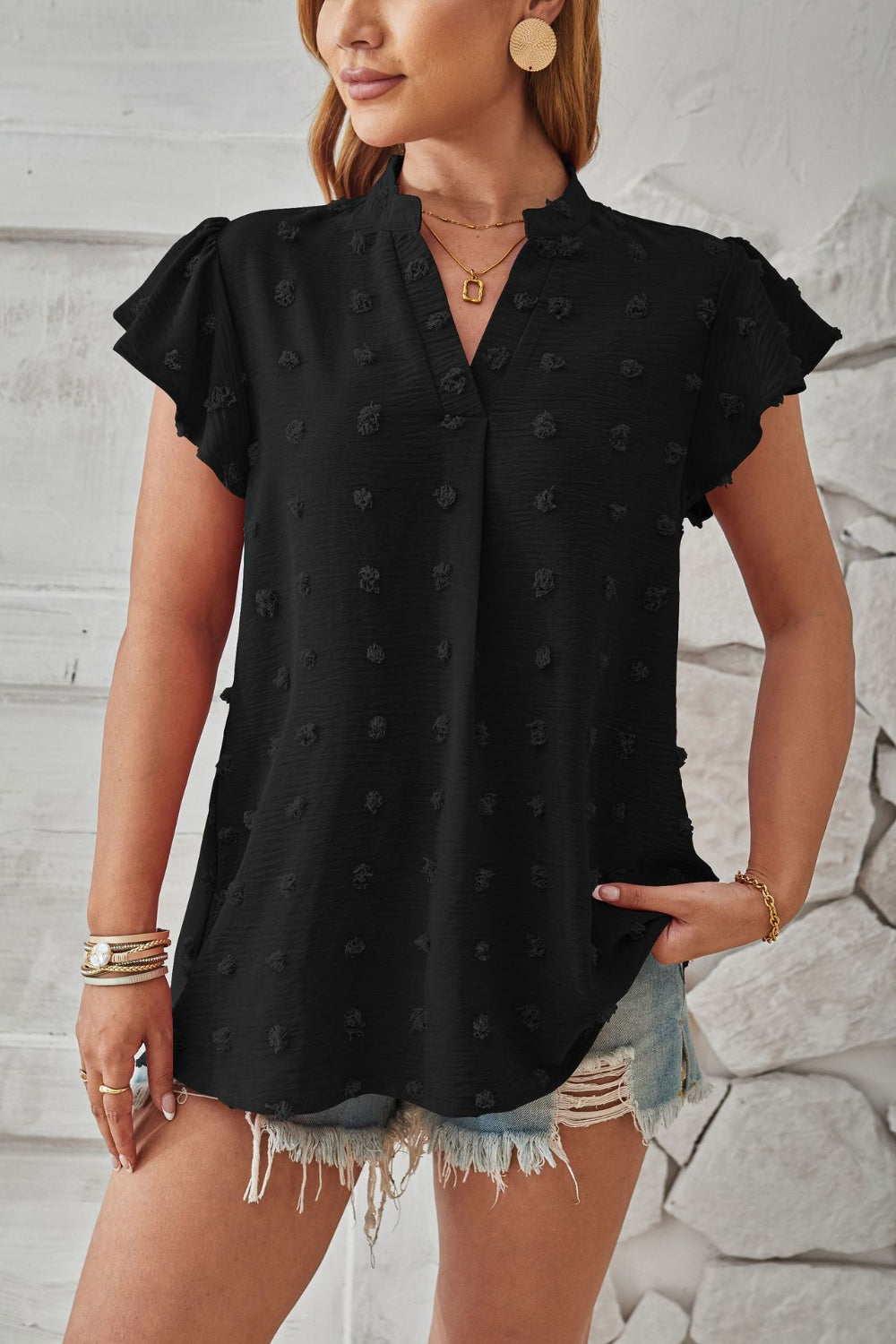 Swiss Dot Notched Cap Sleeve T-Shirt