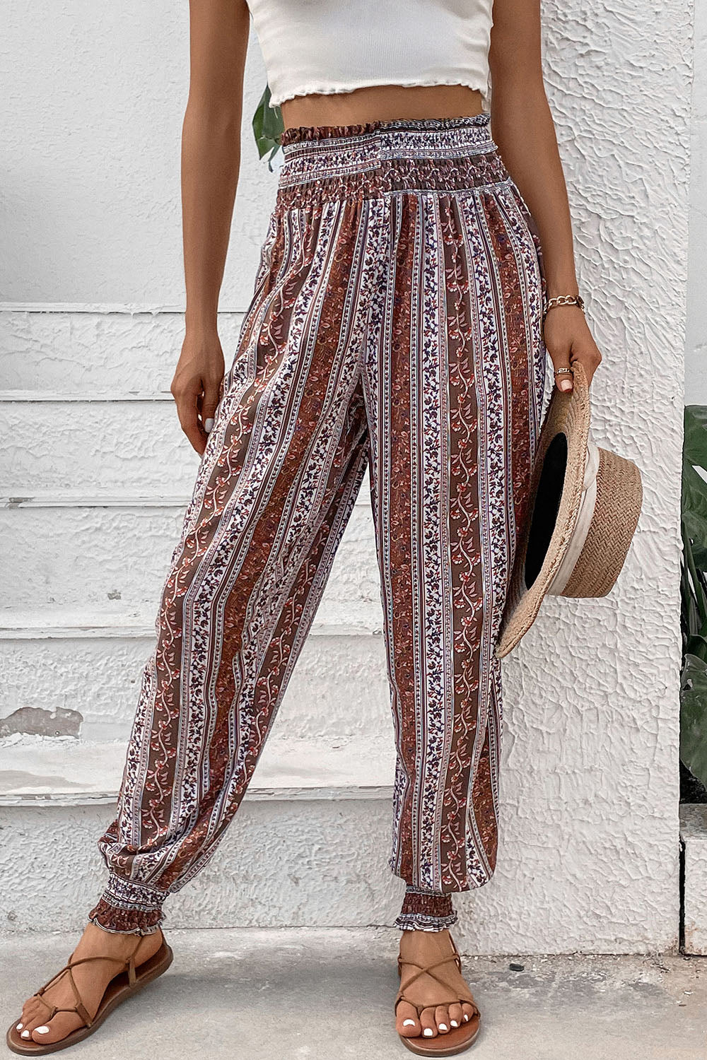 Perfee Smocked Printed High Waist Pants