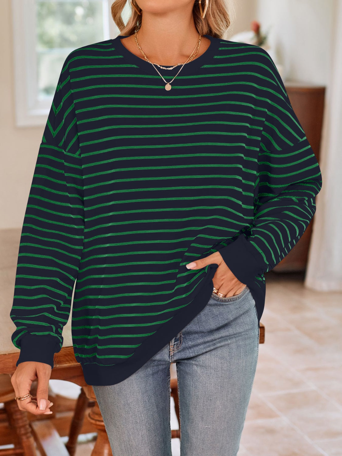 Lovelet Striped Round Neck Long Sleeve Sweatshirt