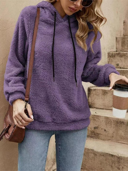 Drawstring Long Sleeve Fuzzy Hoodie