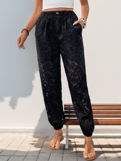 Perfee Pocketed Lace Elastic Waist Pants