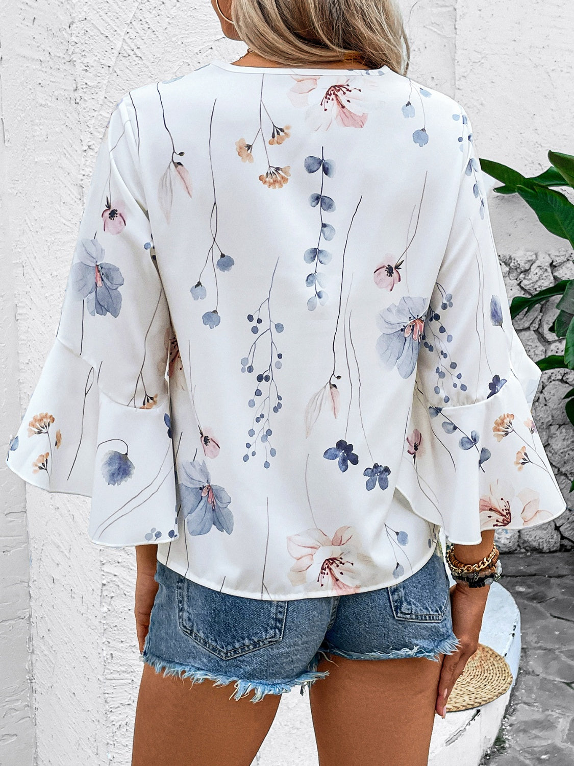 Honey Ruffled Printed V-Neck Half Sleeve Blouse