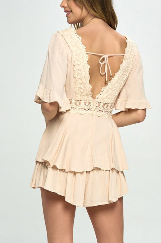 Flutter Sleeved Short Romper With Crochet Trim