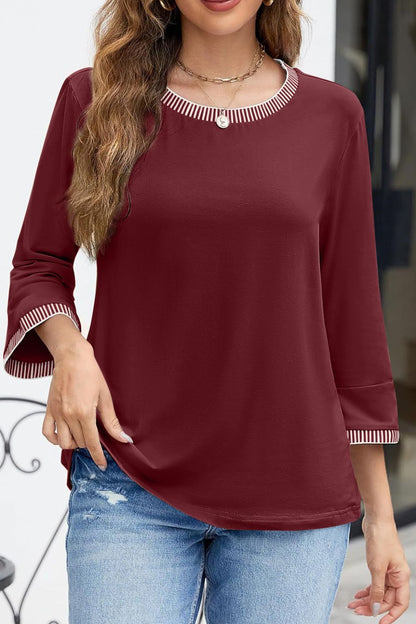 Contrast Trim Round Neck Three-Quarter Sleeve T-Shirt