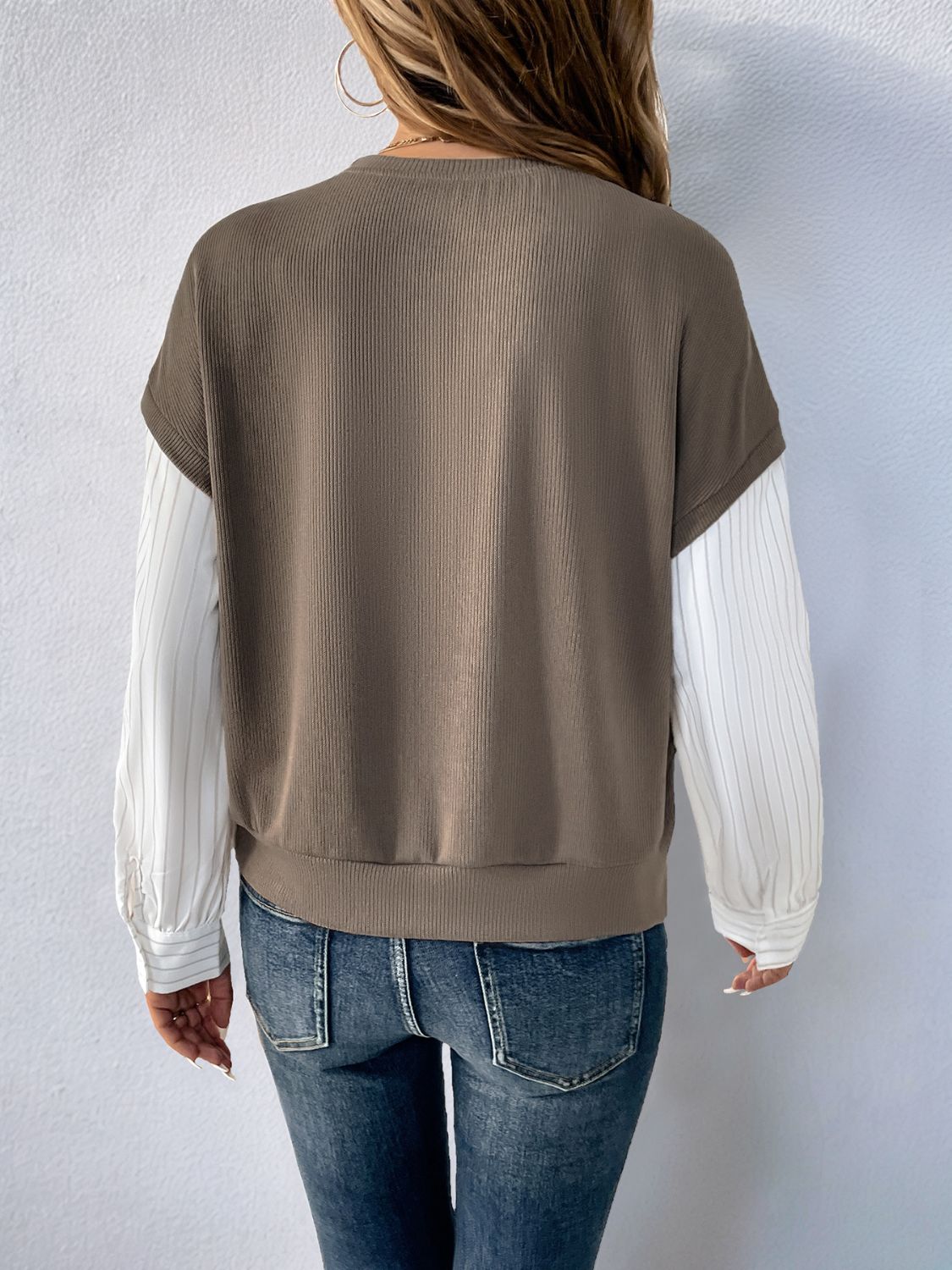 Perfee Round Neck Striped Sleeve Sweatshirt