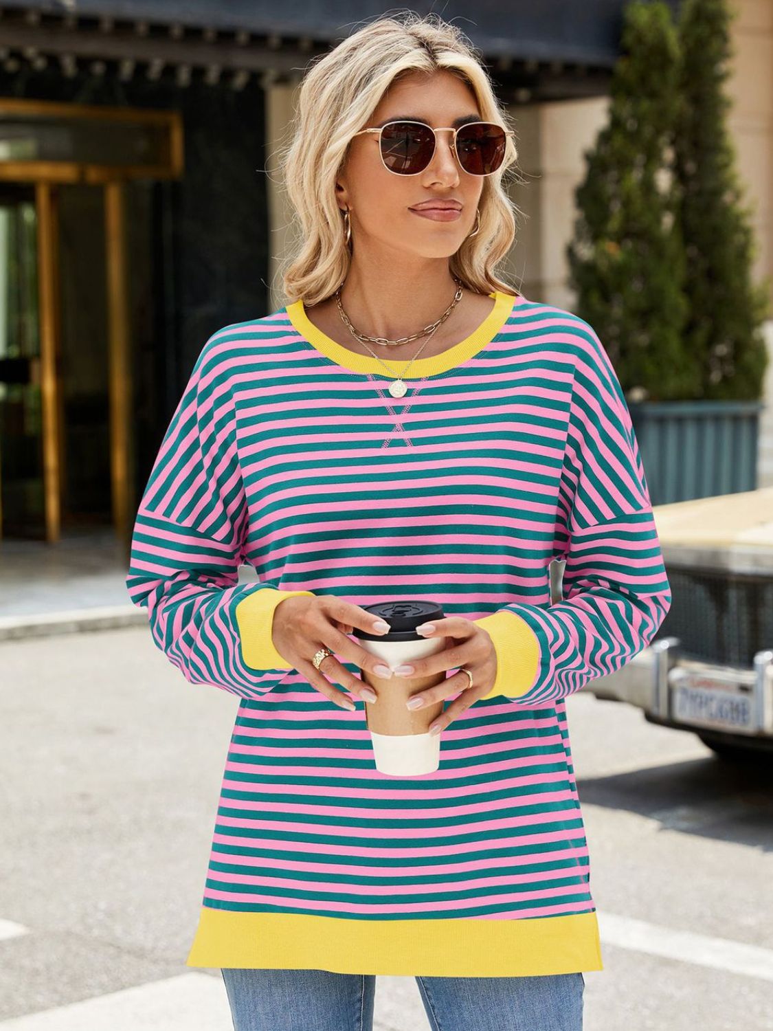 Slit Striped Round Neck Long Sleeve Sweatshirt