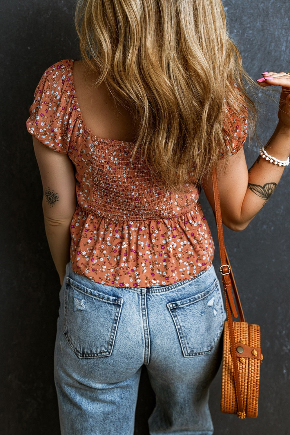 Drawstring Floral V-Neck Short Sleeve Blouse