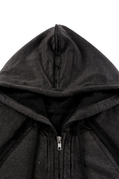 Exposed Seam Zip Up Long Sleeve Drawstring Hoodie