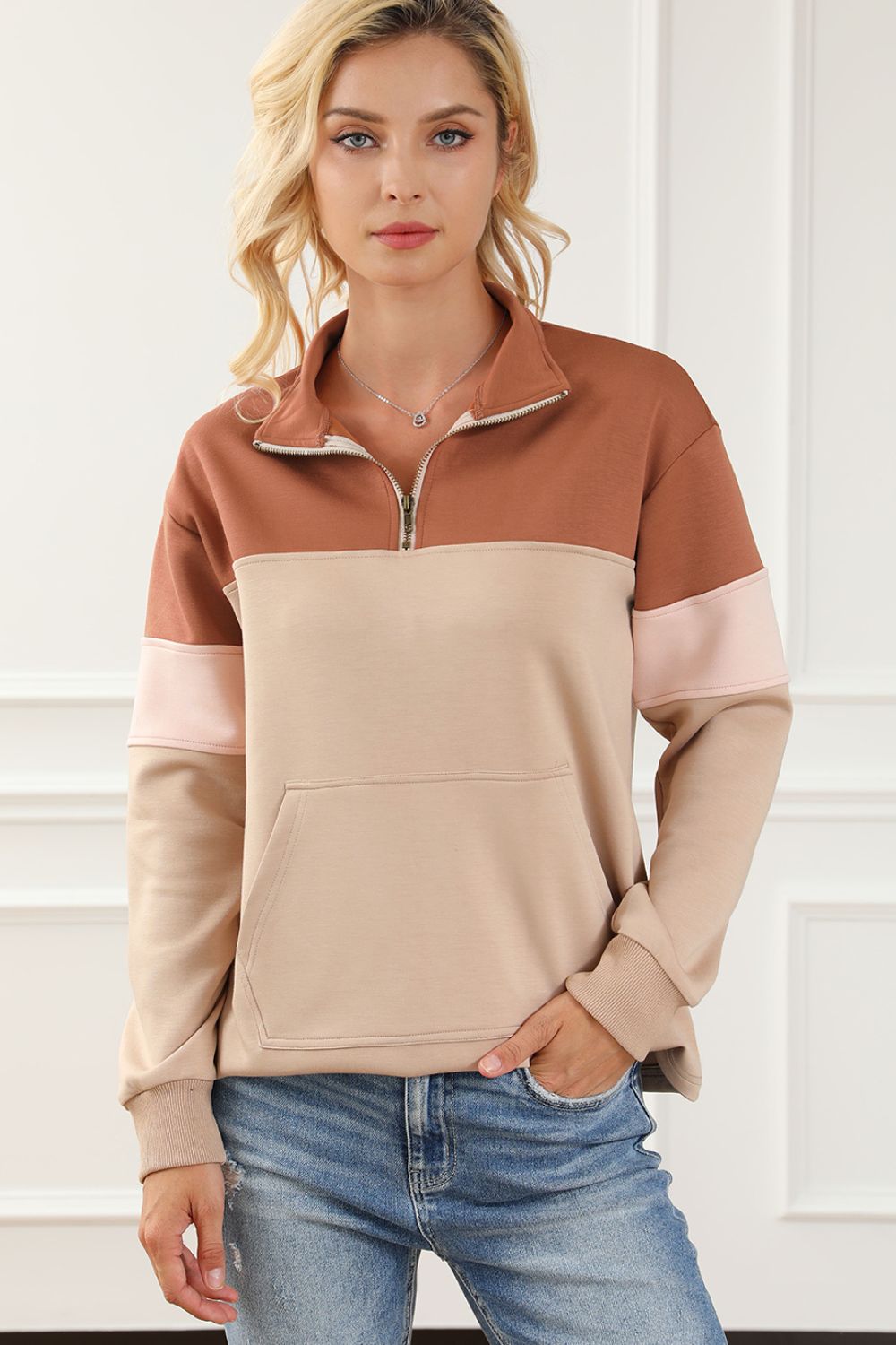 Color Block Quarter Zip Long Sleeve Sweatshirt