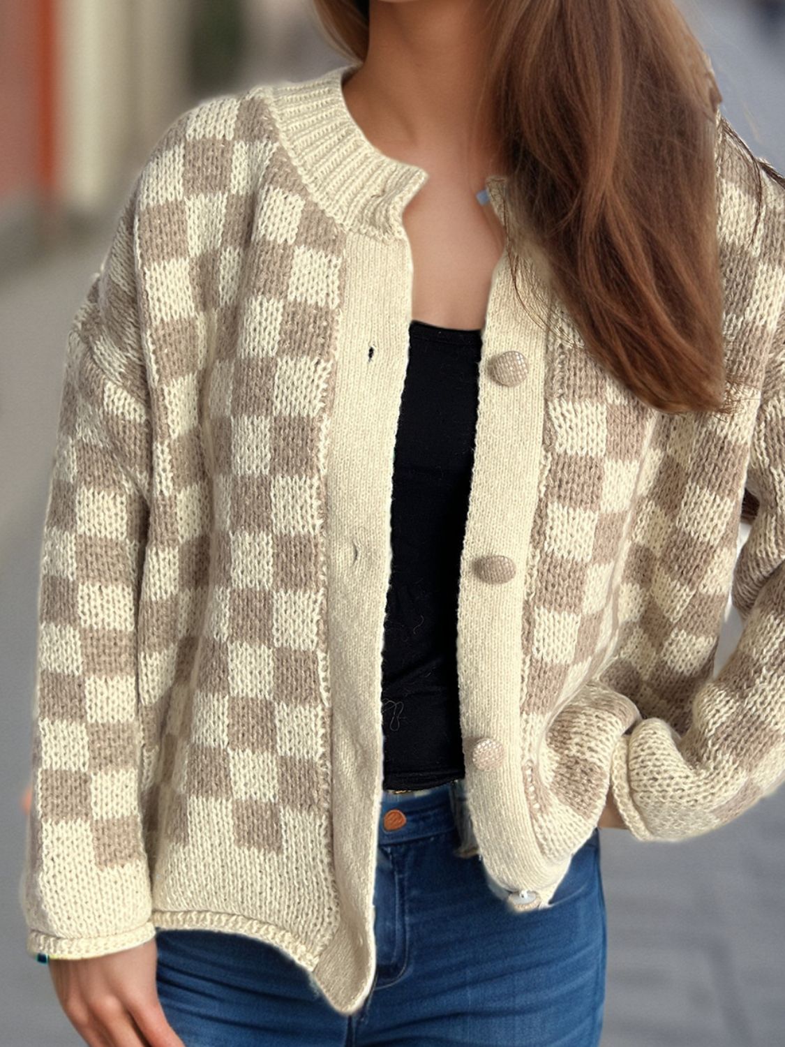 Checkered Button Up Round Neck Cardigan