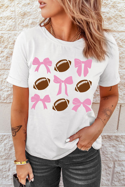 Football & Bow Round Neck Short Sleeve T-Shirt