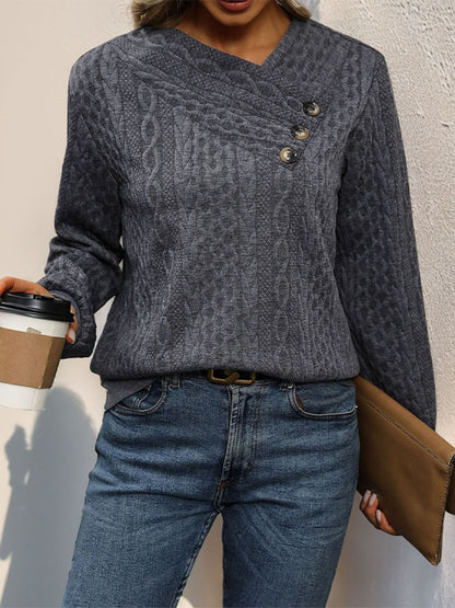 Perfee Decorative Button Long Sleeve Sweatshirt