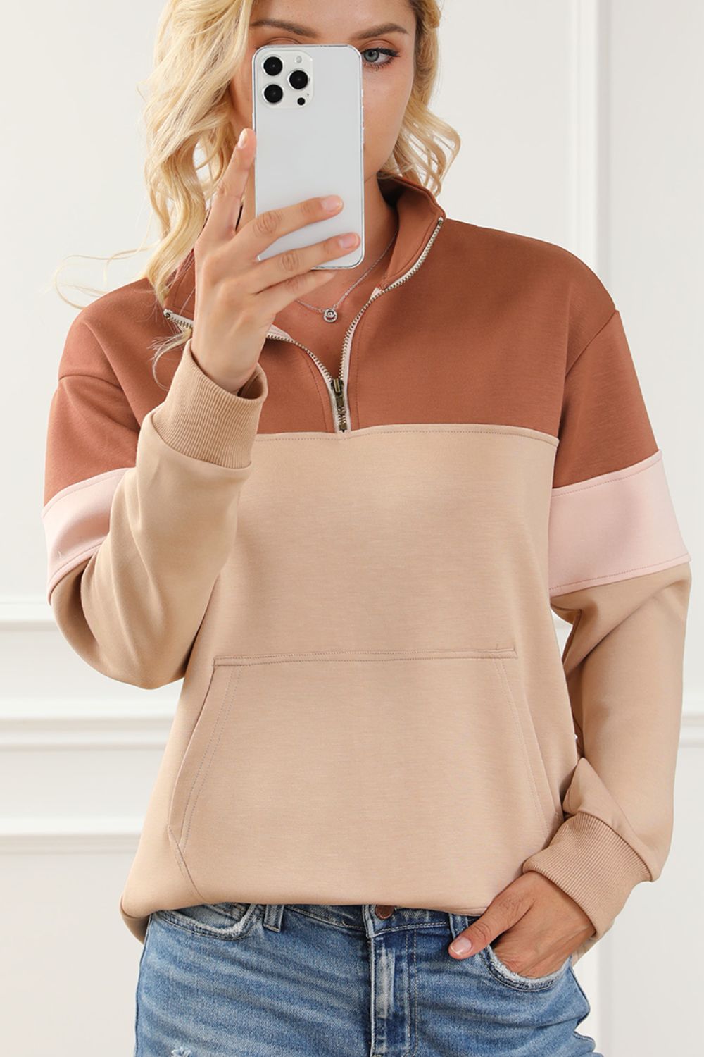 Color Block Quarter Zip Long Sleeve Sweatshirt