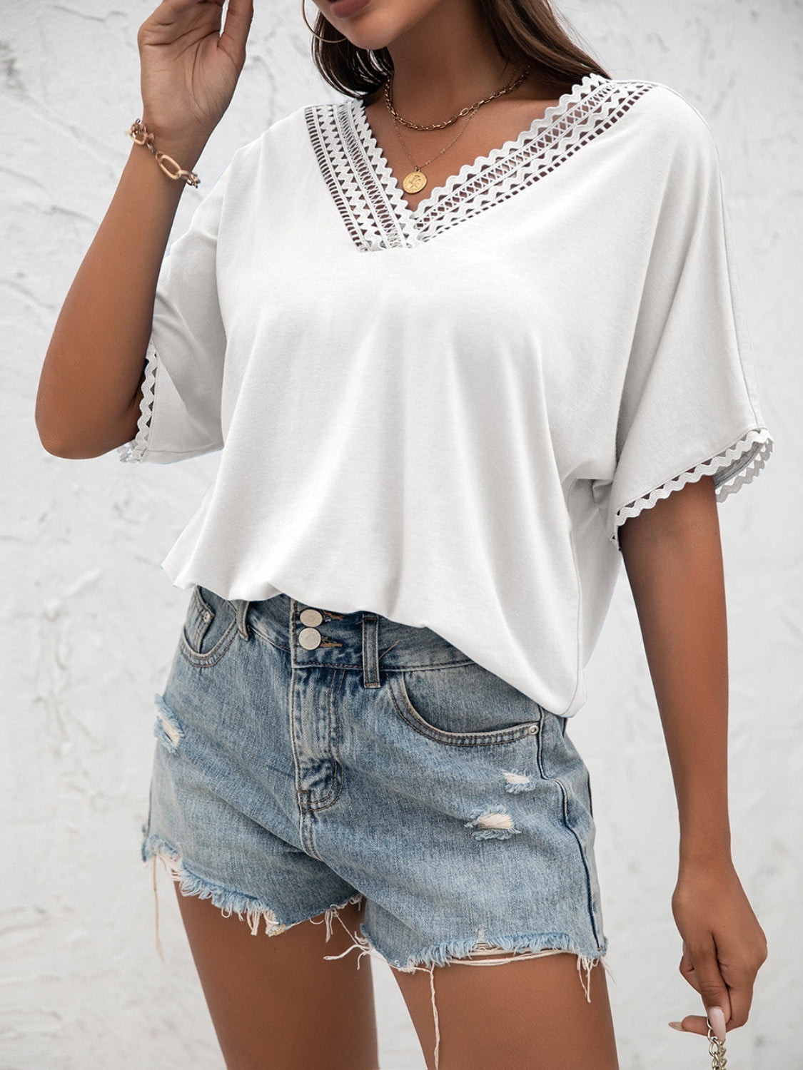 Ivy Lane Lace Detail V-Neck T-Shirt