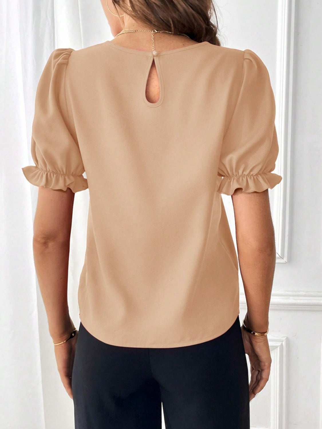 Round Neck Flounce Sleeve Blouse