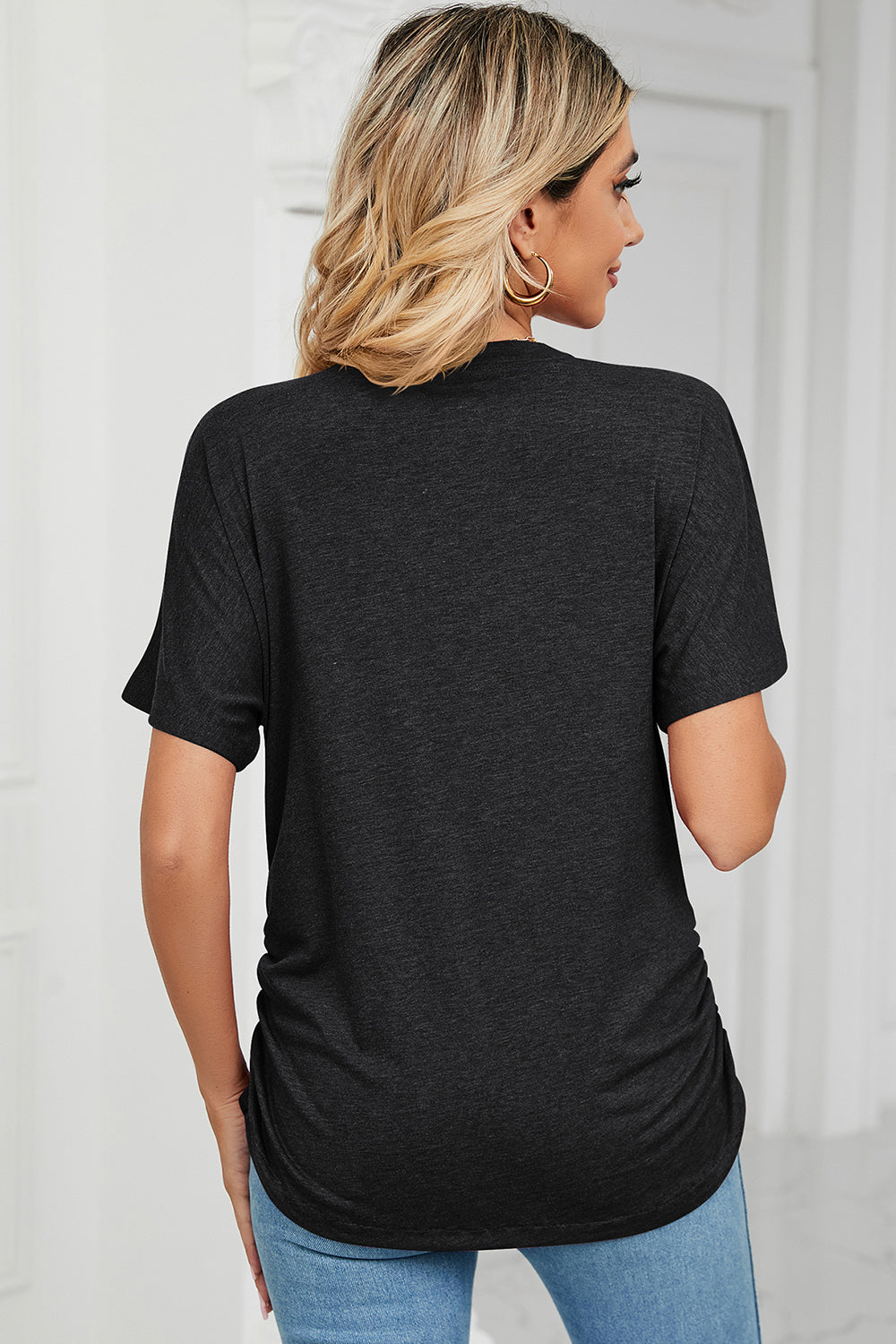 Ruched V-Neck Short Sleeve T-Shirt