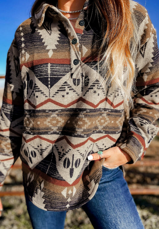 Geometric Half Button Long Sleeve Sweatshirt