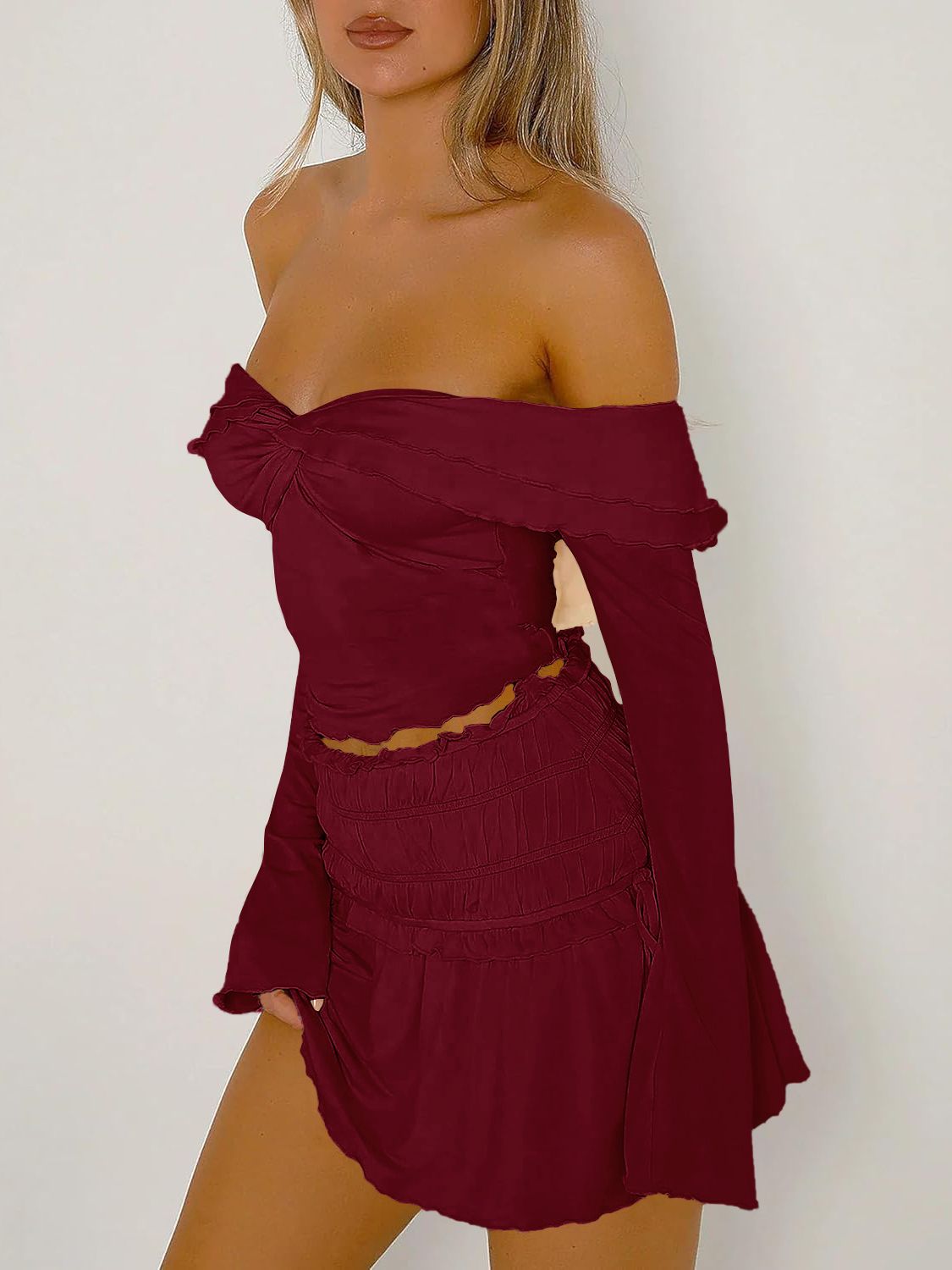 Devine Twisted Ruffled Off-Shoulder Long Sleeve T-Shirt