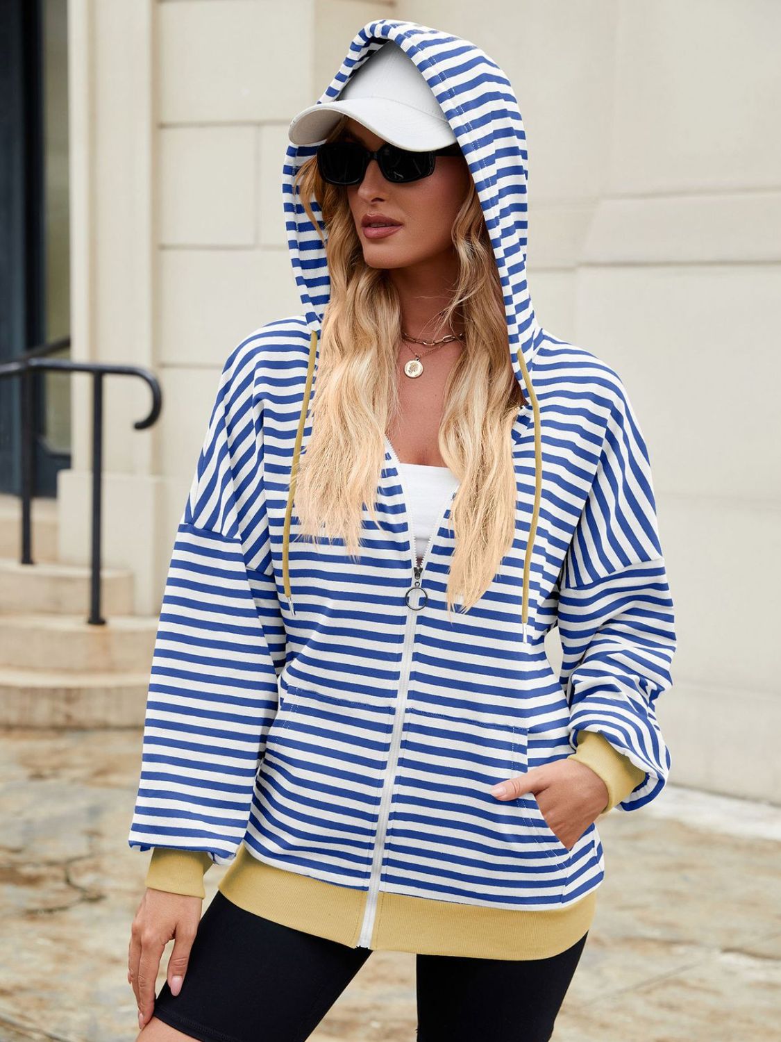 Drawstring Striped Zip Up Long Sleeve Hoodie