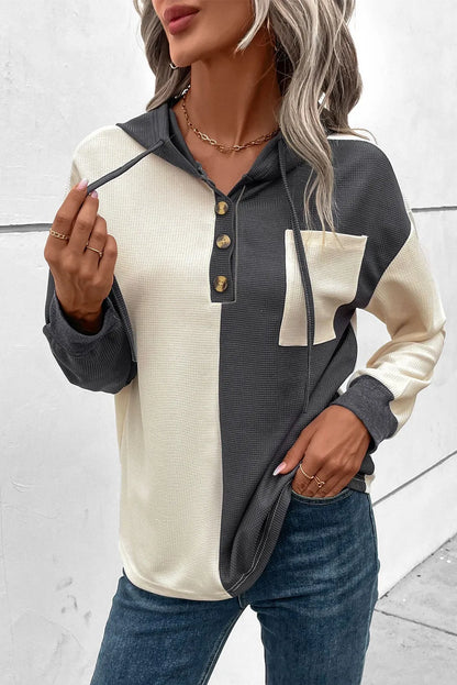 Drawstring Quarter Button Contrast Long Sleeve Hoodie