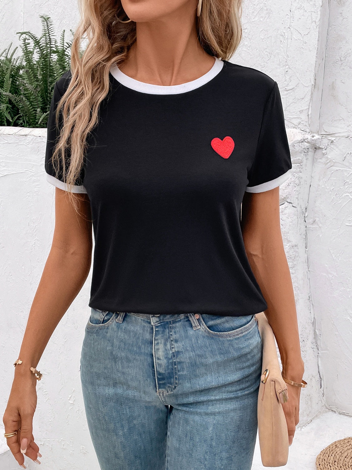 Heart Round Neck Short Sleeve T-Shirt